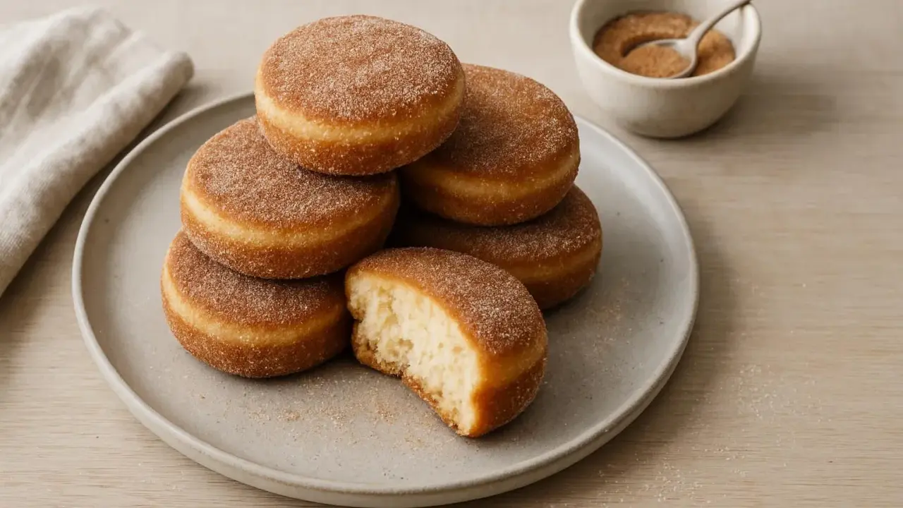 En hög med socker- och kaneldränkta krabbelurer, ett perfekt recept för fikat. En är uppäten, vilket visar det fluffiga inkråmet.