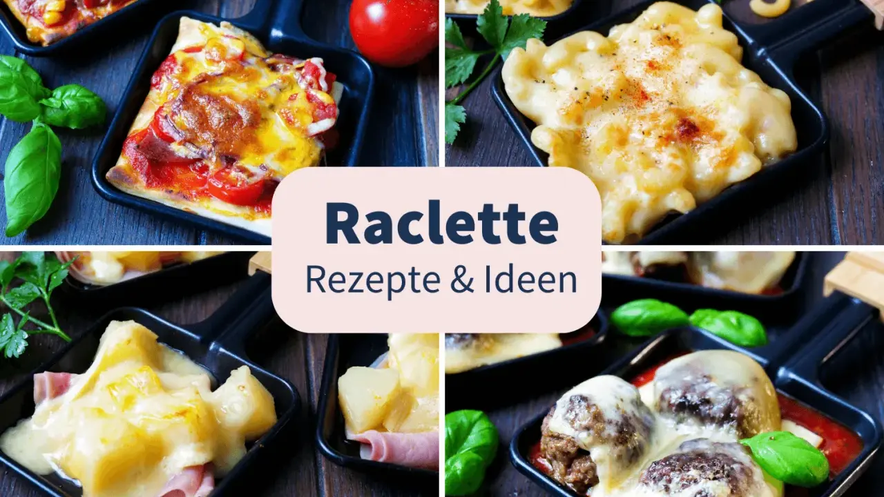 Vier kleine Pfännchen mit geschmolzenem Käse, Pizza, Fleischbällchen und Schinken-Ananas-Kombinationen. Tolle Raclette Ideen für jeden Geschmack!