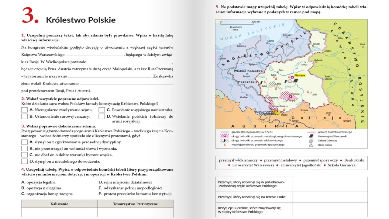 Podręcznik do historii klasa 7: mapa Królestwa Polskiego z zaznaczonymi ośrodkami przemysłu i uczelniami.