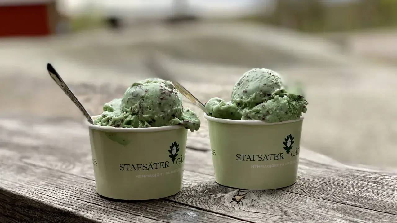 Två muggar med mintchokladglass från Stafsäter Gård, perfekt för en sommardag på Kungsholmen.