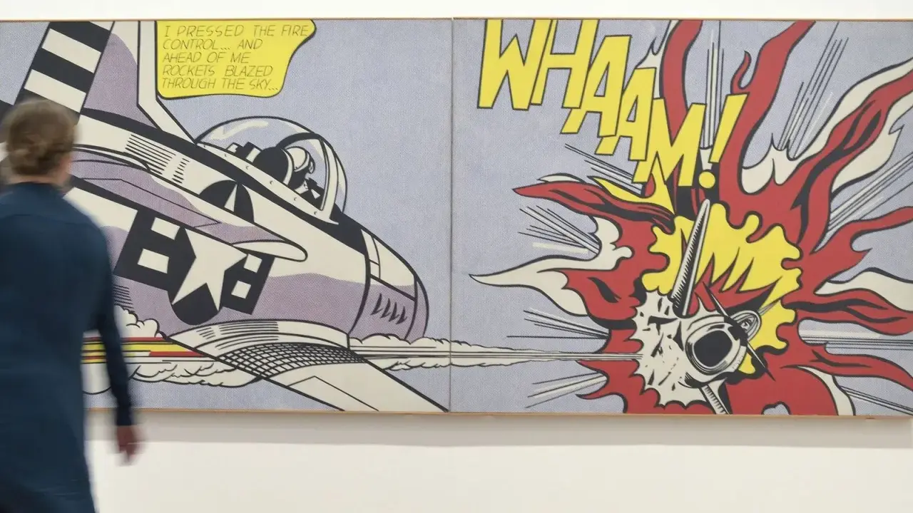 A 1950s pop art diptych depicts a jet firing rockets, with "WHAAM!" exploding in vibrant colors.