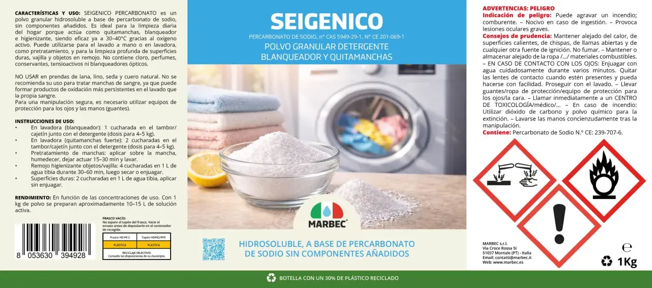 Polvo blanco hidrosoluble, qué es el percarbonato, en un tazón junto a un limón y una lavadora. Es un blanqueador y quitamanchas.