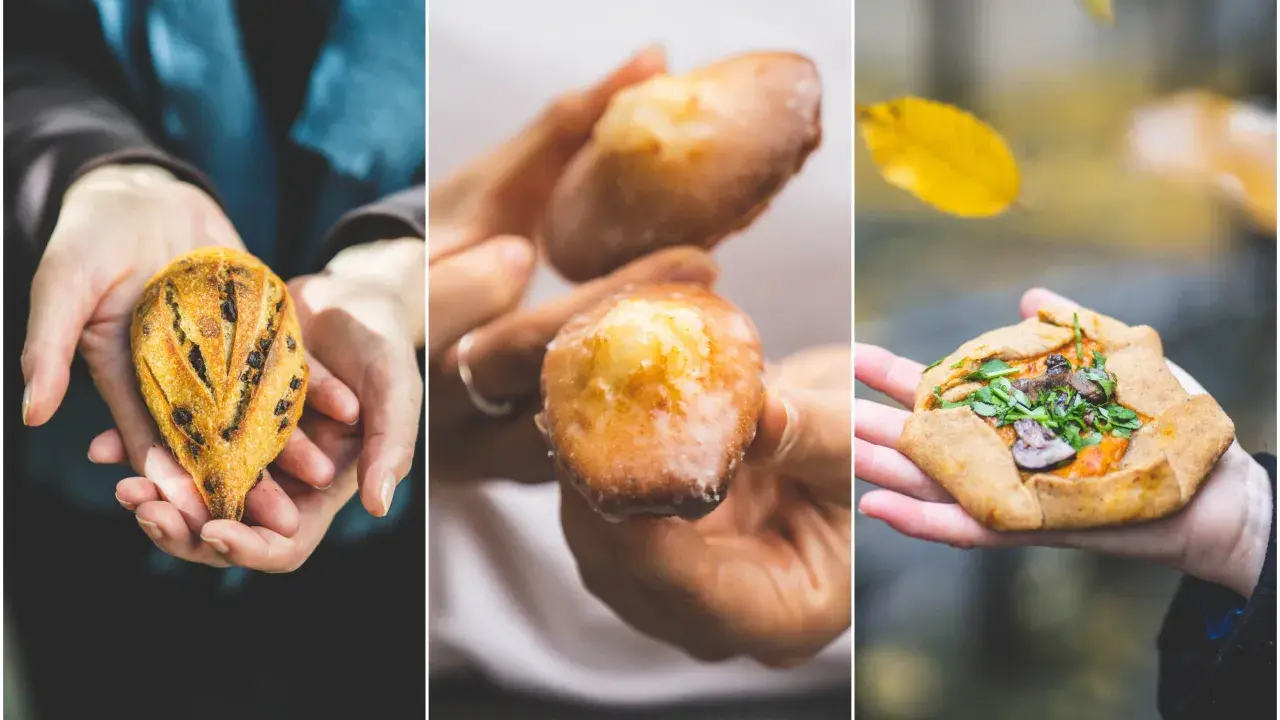Trois gourmandises : un pain aux pépites de chocolat, des madeleines glacées et une galette salée aux champignons. Des produits typiquement parisiens à savourer.