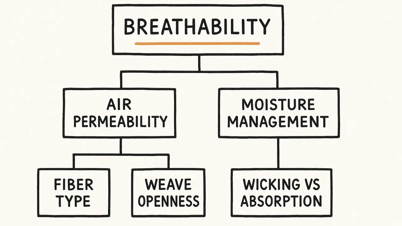 Flowchart explaining breathability in fabrics, detailing air permeability (fiber type, weave openness) and moisture management (wicking vs. absorption).
