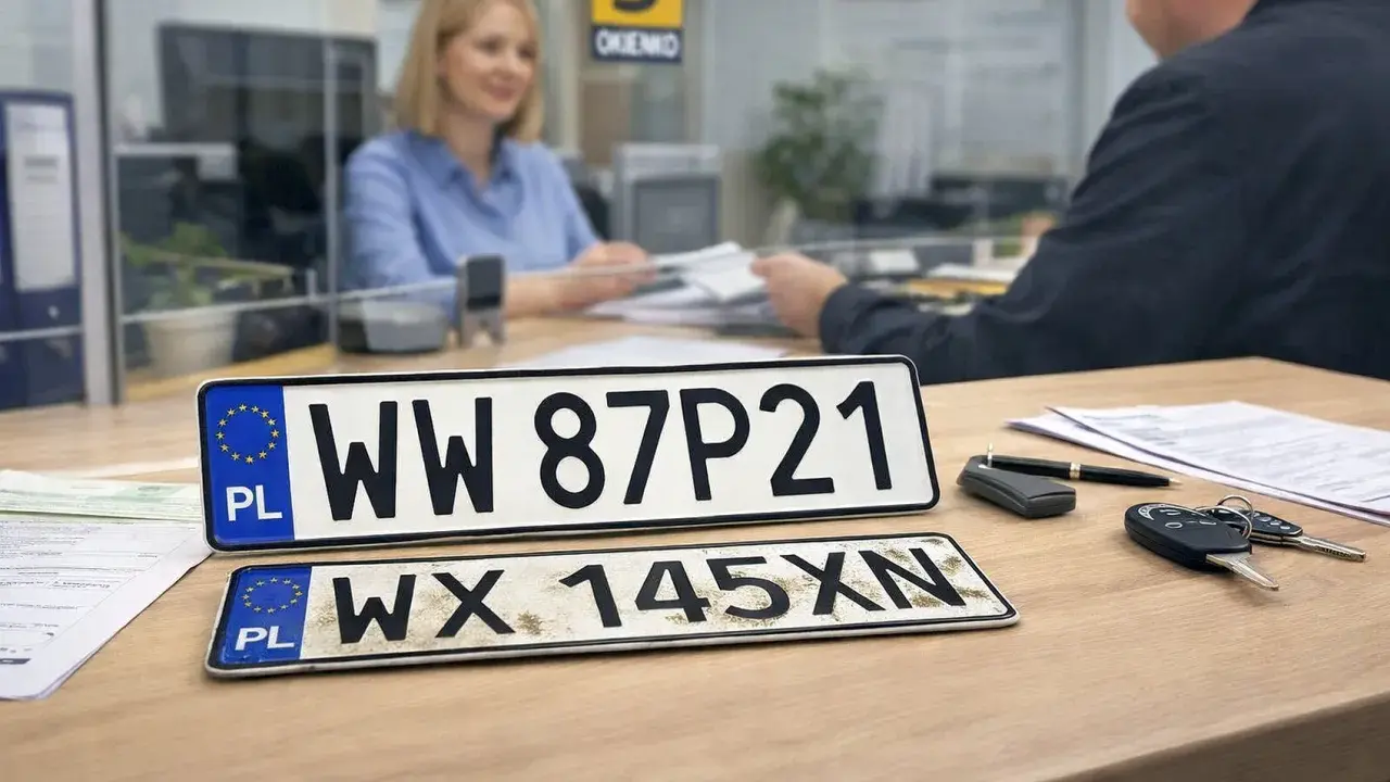 Tablice rejestracyjne WW 87P21 i WX 145XN leżą na biurku, obok kluczyków do samochodu i długopisu. W tle urzędniczka pomaga klientowi w procesie rejestracji.