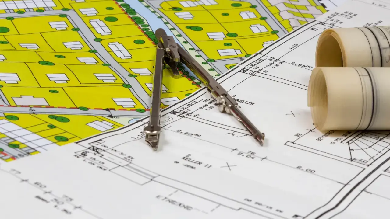Plan zagospodarowania przestrzennego z zaznaczoną obowiązującą linią zabudowy, cyrkiel i zwoje dokumentacji.