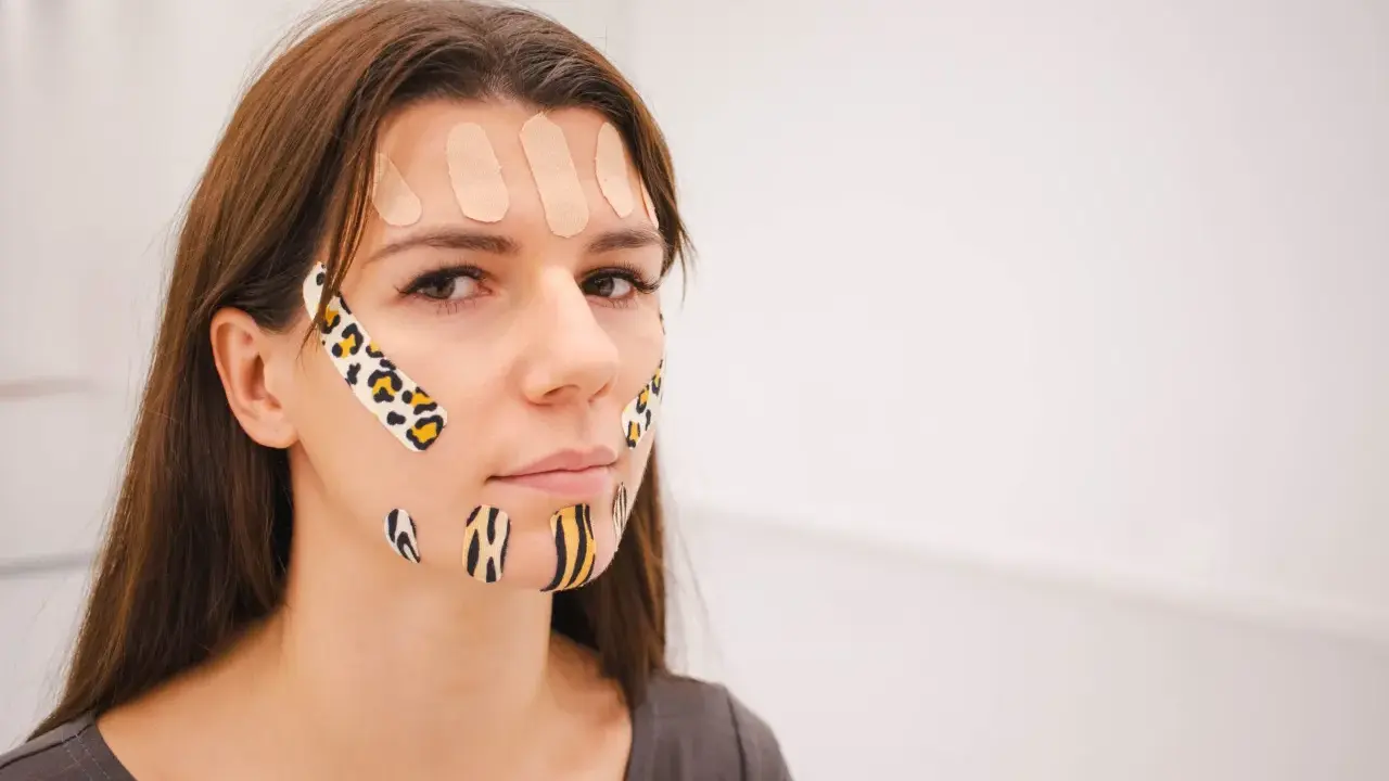 Kobieta z kolorowymi plastrami na twarzy, stosuje taping twarzy dla poprawy wyglądu.
