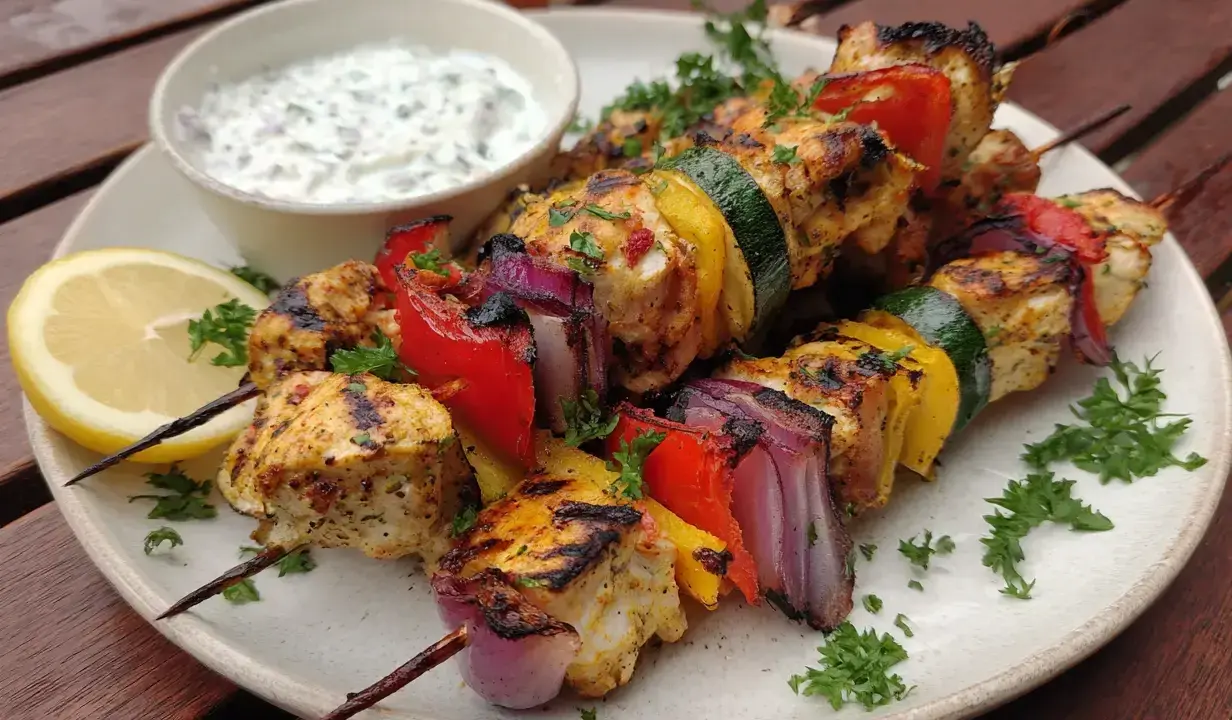 Grillade kycklingspett i ugn med grönsaker och en klyfta citron. Serveras med en krämig yoghurtsås.