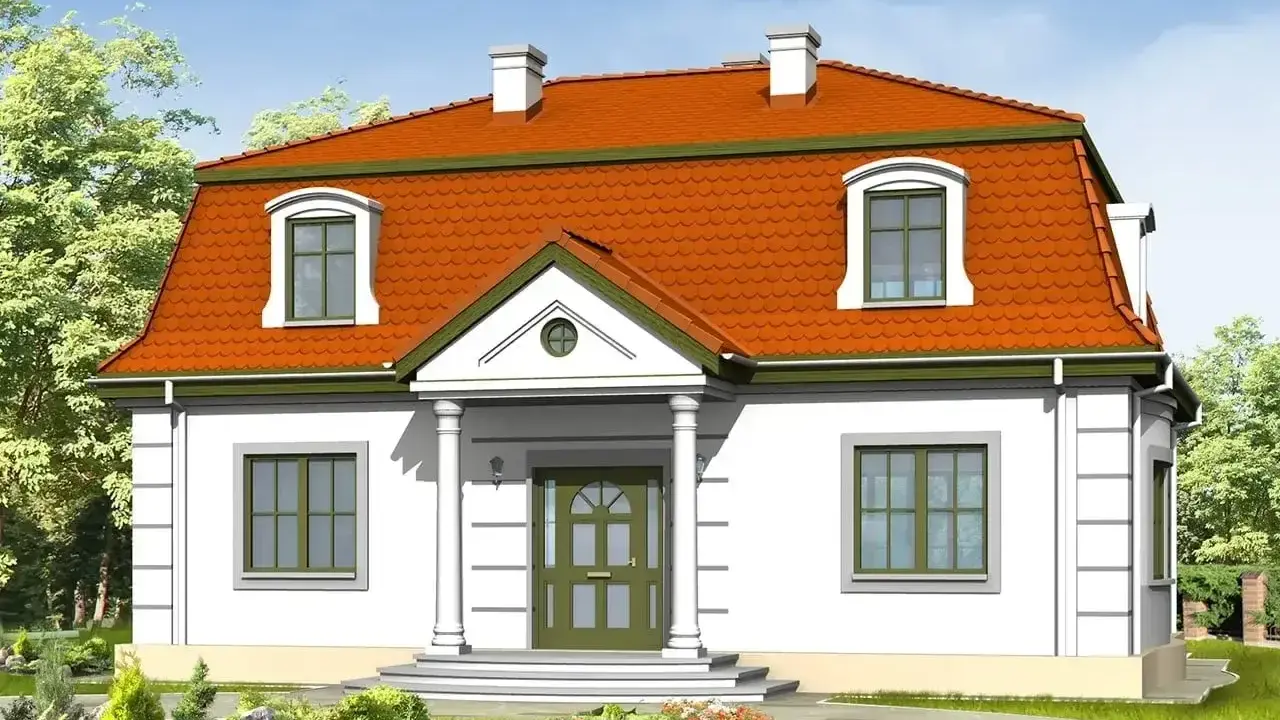 Dom z mansardowym dachem, który jest przykładem tego, co to jest mansarda. Okna dachowe dodają uroku.