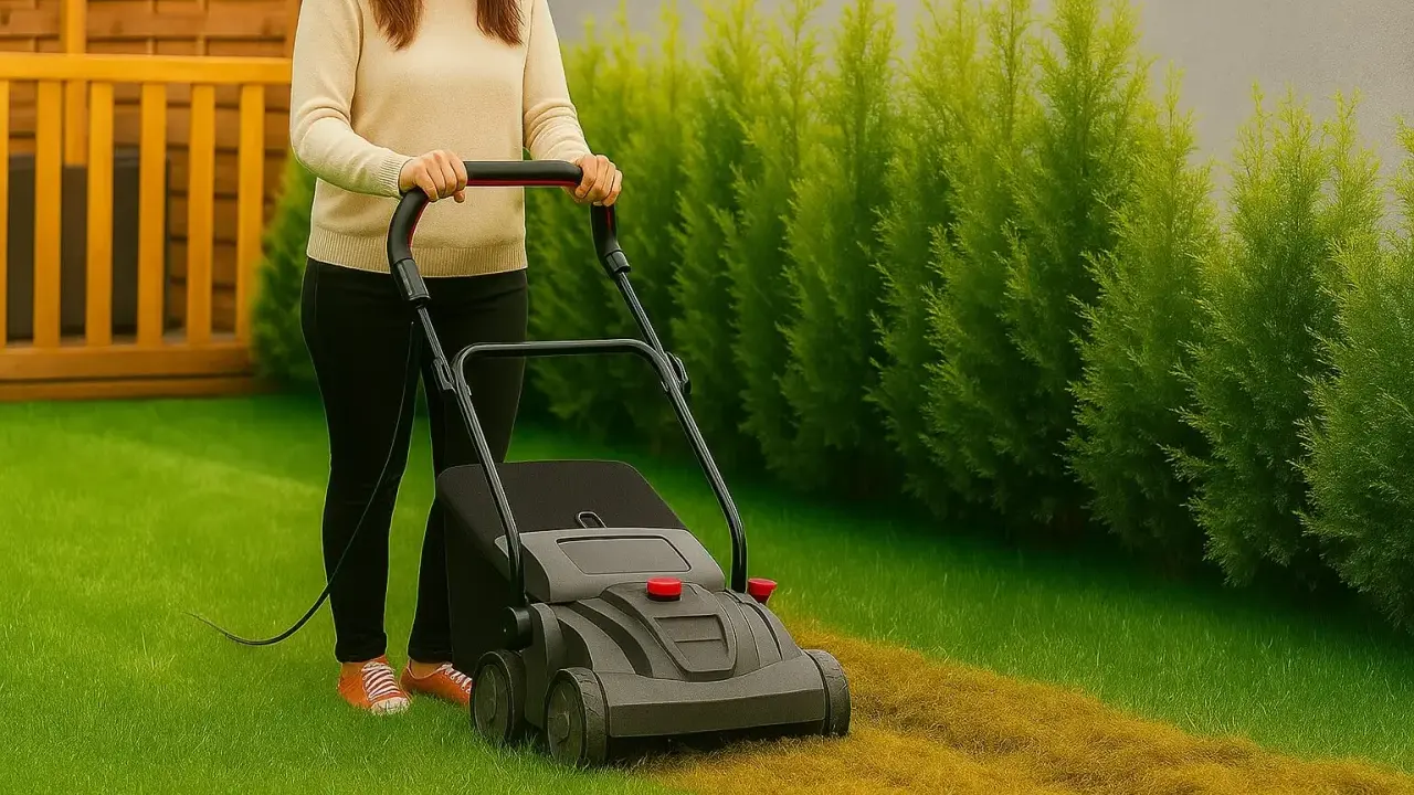 Kobieta używa rekultywatora, aby odświeżyć trawnik, usuwając starą trawę i mech.