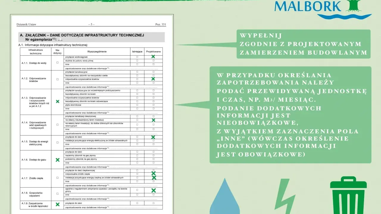 Formularz "wniosek o wymianę dowodu osobistego" z danymi dotyczącymi infrastruktury technicznej.