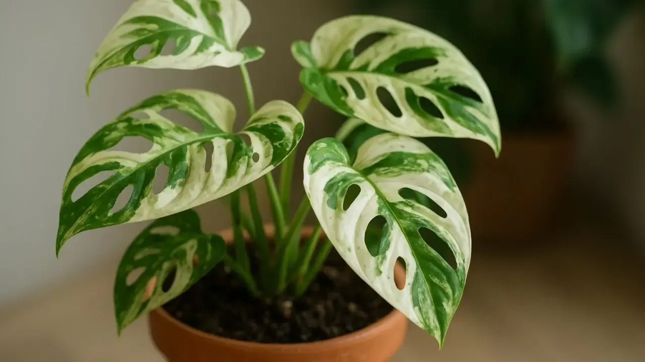 Monstera biala z liśćmi w biało-zielone wzory, z charakterystycznymi dziurami, w terakotowej doniczce.