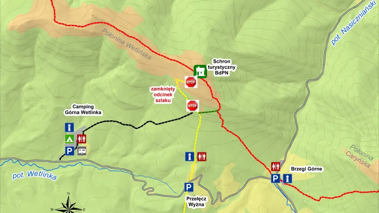 Mapa turystyczna z zaznaczonymi szlakami, schroniskiem BdPN, campingiem Górna Wetlinka i informacją o zamkniętym odcinku szlaku na Połoninie Wetlińskiej.