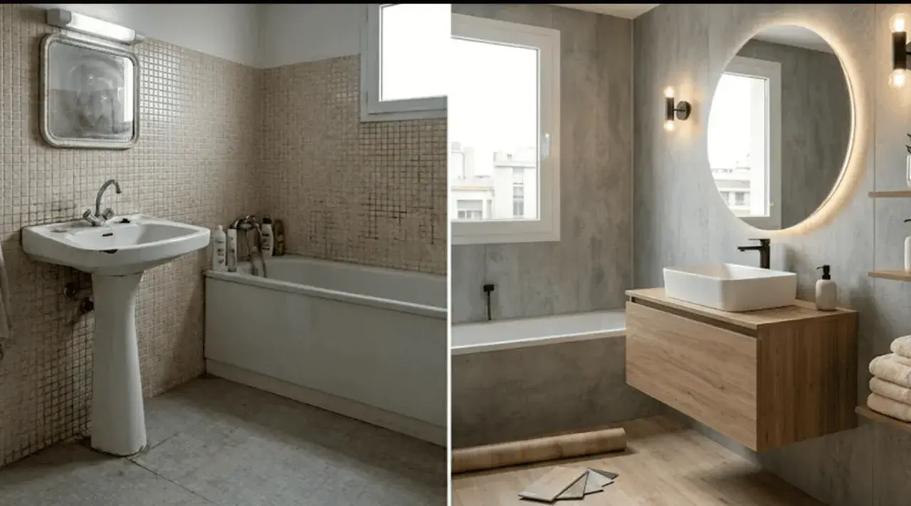 Baño renovado con revestimiento de paredes sin obras. Antes, azulejos viejos; ahora, moderno y elegante.