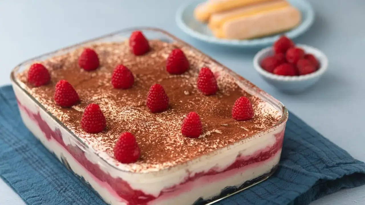 Himbeer Tiramisu mit Joghurt und Mascarpone, dekoriert mit frischen Himbeeren und Kakaopulver. Ein leichter Genuss!