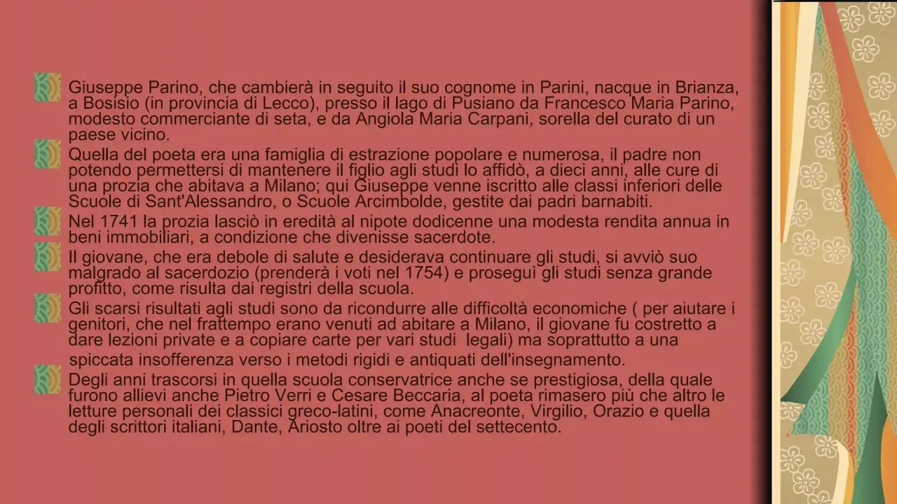 Bust of Giuseppe Parini with text about his life.