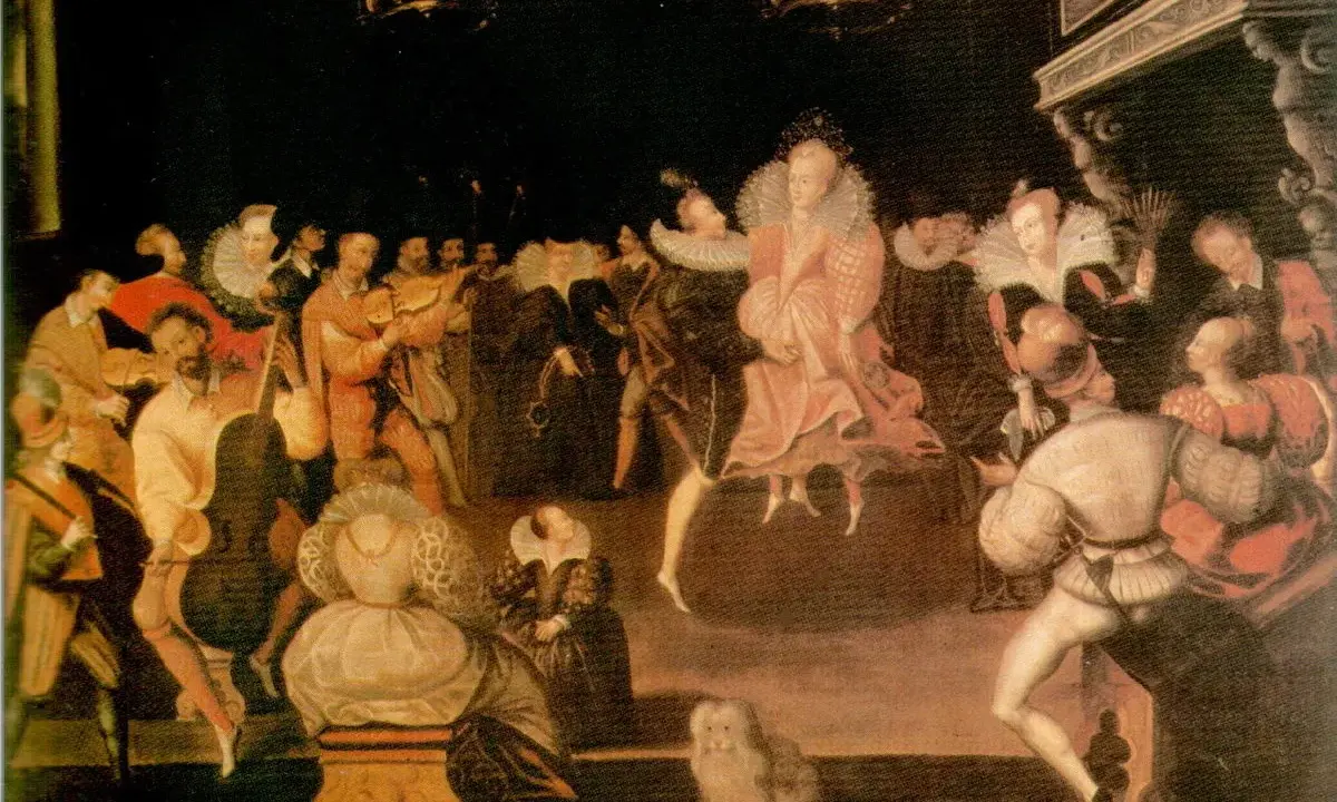 Elżbieta i Tudor bawią się na dworskim balu. Muzycy grają, a goście w barwnych strojach tańczą. Ciekawostki z epoki Tudorów.