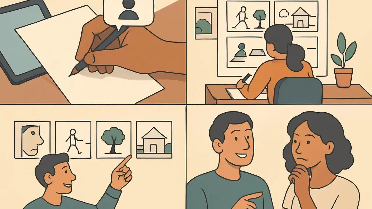 Un uomo e una donna discutono, mentre un altro uomo indica delle immagini. Il reportage significato è nel processo di raccolta e presentazione di informazioni.