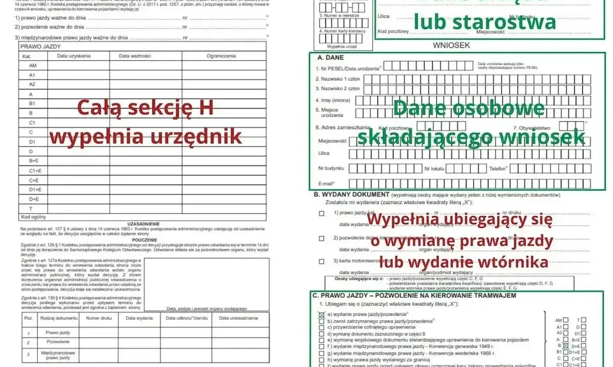 Wniosek o wydanie prawa jazdy lub wtórnika. Sekcja H wypełnia urzędnik, a dane osobowe składający wniosek. To pkk co potrzebne.