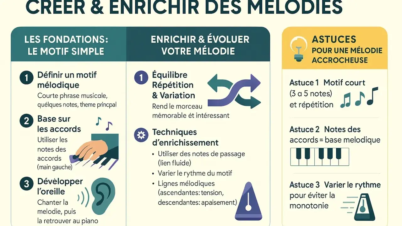 Guide pour créer une mélodie : définir un motif, utiliser les accords au piano, développer l'oreille, équilibrer répétition et variation, et enrichir avec des astuces pour une composition accrocheuse.