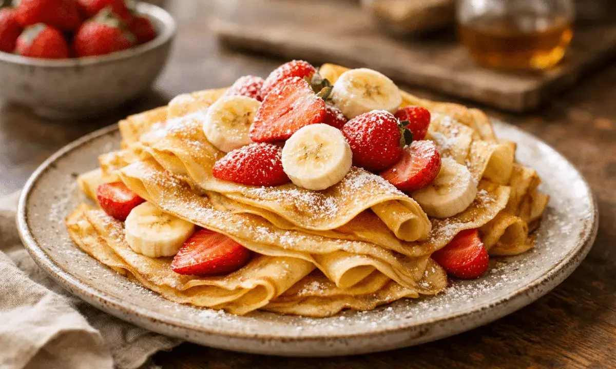 Deliciosa pila de crepes cubiertas con fresas y plátano, espolvoreadas con azúcar glas. Una receta crepes perfecta para el desayuno.