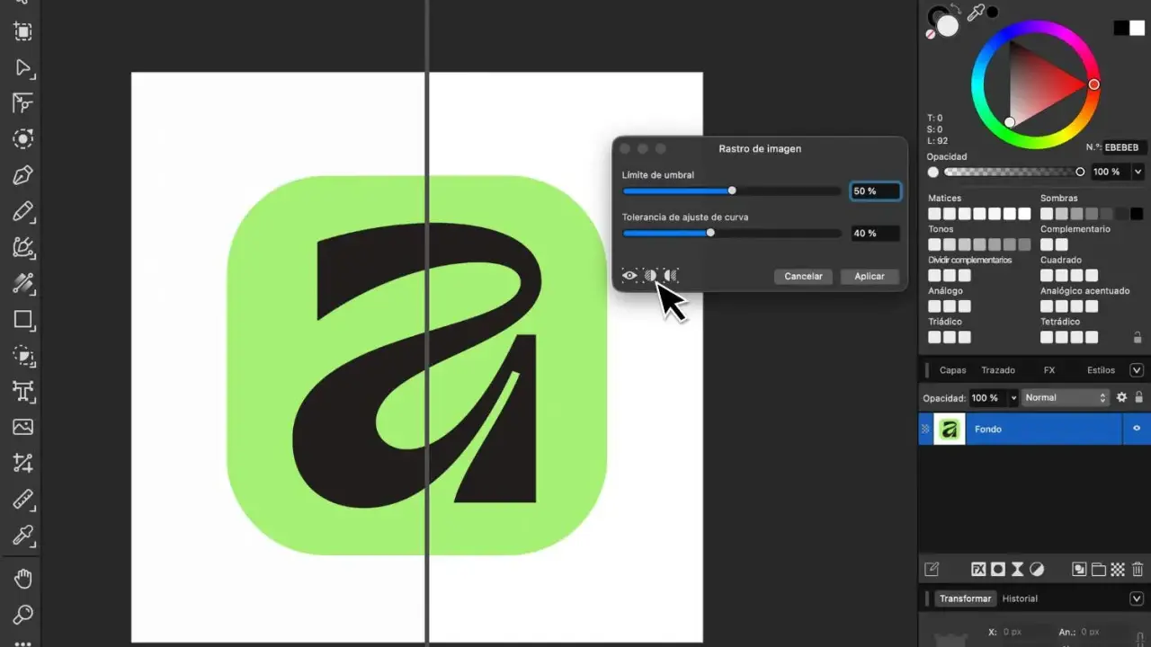 Interfaz de software de diseño gráfico, con un logo "a" en formato vector y opciones de ajuste de imagen.