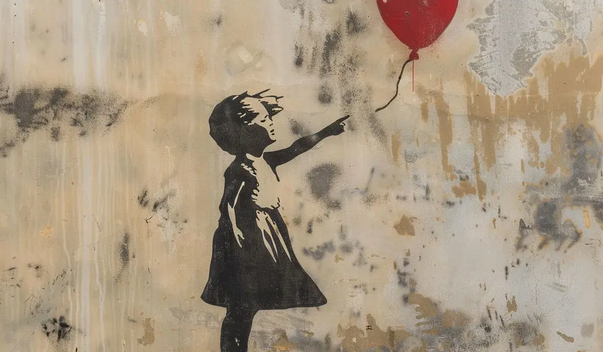 Girl reaching for a red heart balloon, a poignant scene from Banksy's most expensive art, "Girl with Balloon.