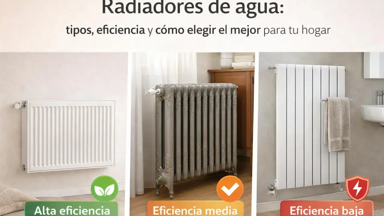 Tres tipos de radiadores de agua: uno moderno de alta eficiencia, uno clásico de eficiencia media y uno vertical de baja eficiencia.