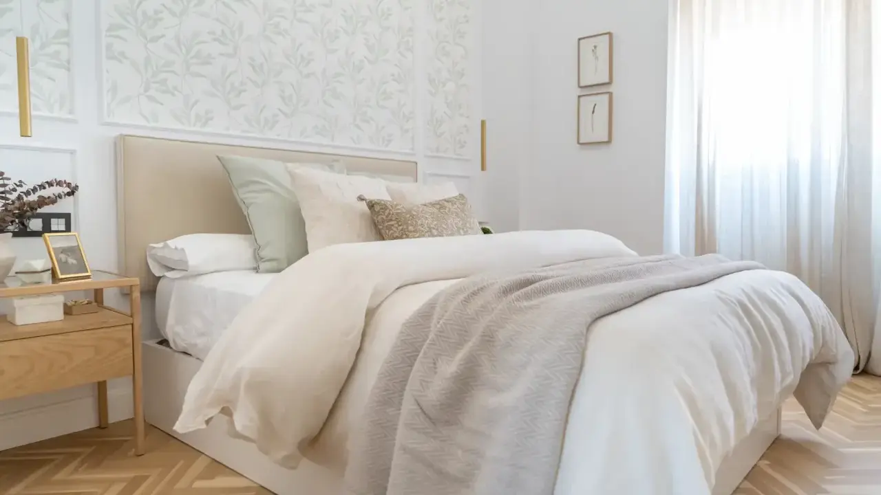 Dormitorios con papel pintado de hojas verdes en el cabecero. Cama con ropa de cama blanca y manta gris. Mesita de noche de madera.