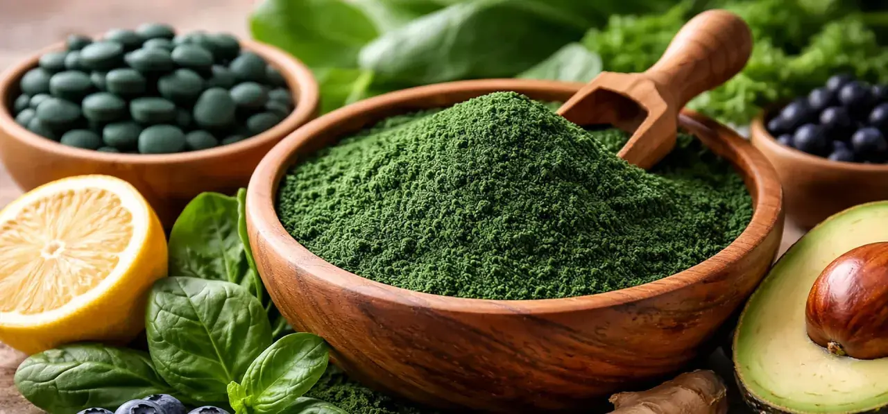Zielony proszek spiruliny w drewnianej misce, obok tabletek, cytryny, jagód i awokado. To jest spirulina, co to za superfood?