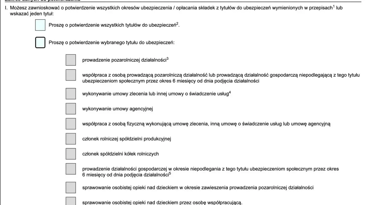 Formularz wyboru tytułu ubezpieczenia, np. umowa zlecenie.