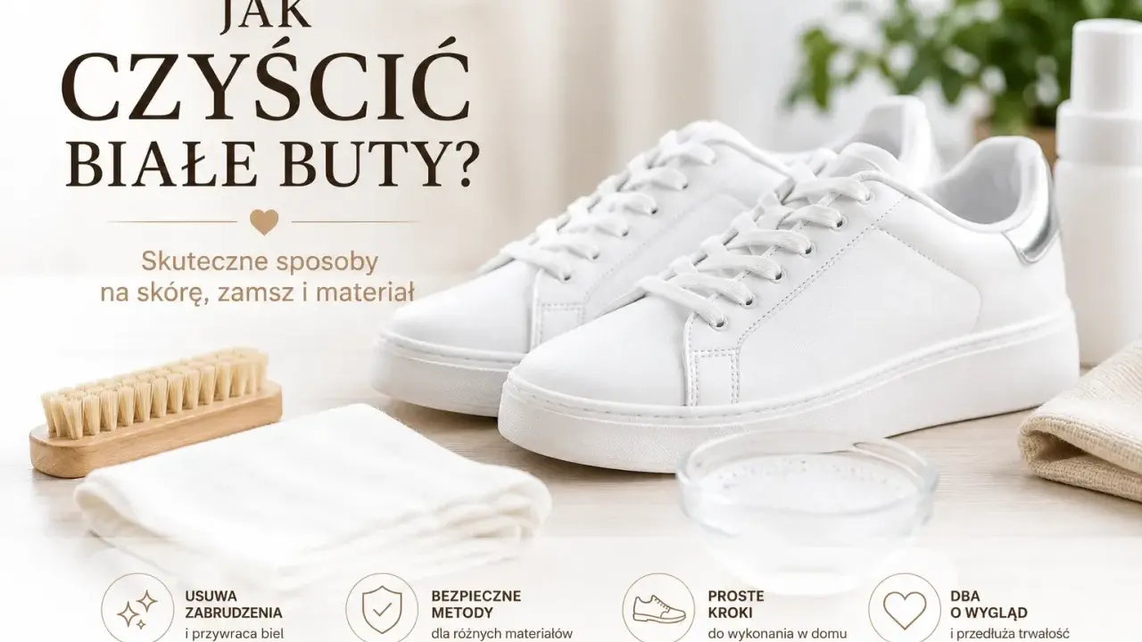 Jak wyczyścić białe adidasy? Skuteczne metody na skórę, zamsz i materiał. Szczotka, ściereczka i miseczka z płynem czekają, by przywrócić butom biel.
