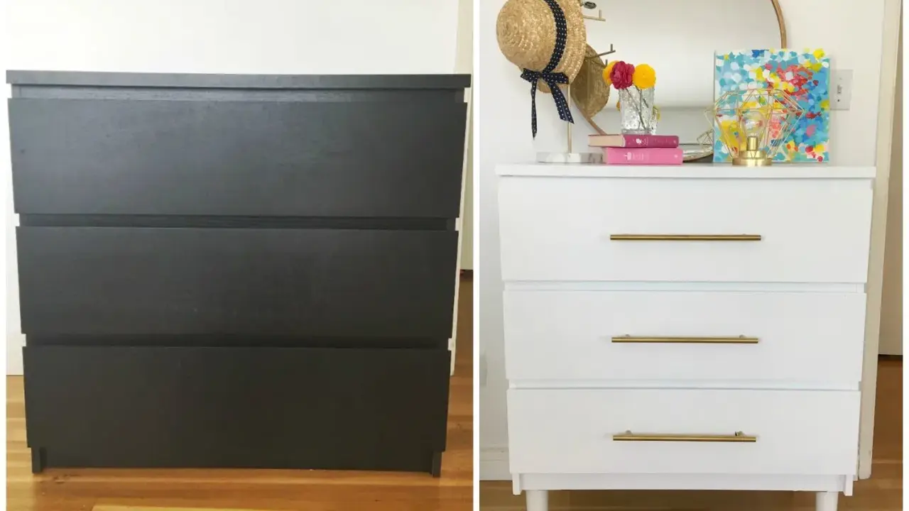 Före- och efterbild på en mörk byrå som fått en ljus malm byrå makeover med nya ben och guldfärgade handtag.