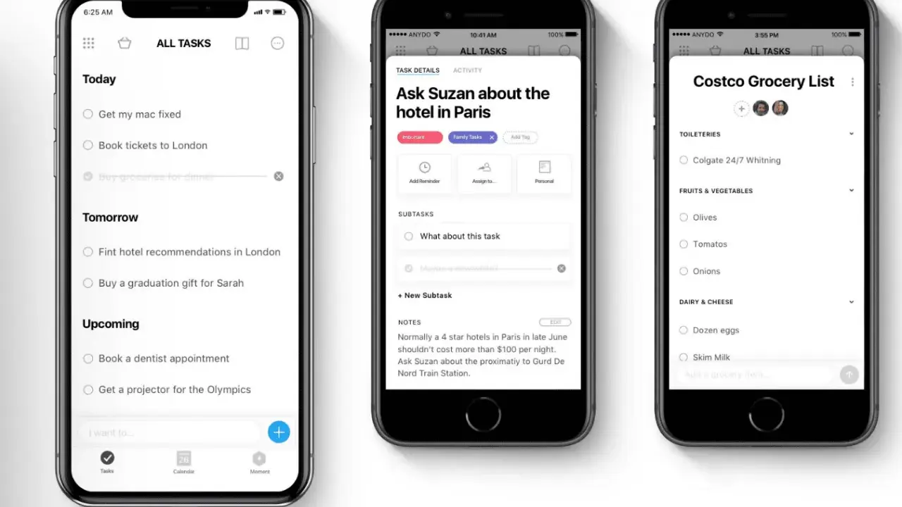 Trois écrans d'une application d'organisation sur iPhone : une liste de tâches, le détail d'une tâche et une liste de courses.