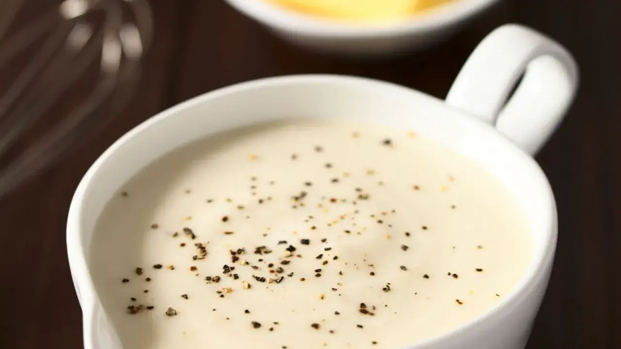 Sauce béchamel onctueuse, préparée avec de la fécule de maïs et assaisonnée de poivre noir fraîchement moulu.