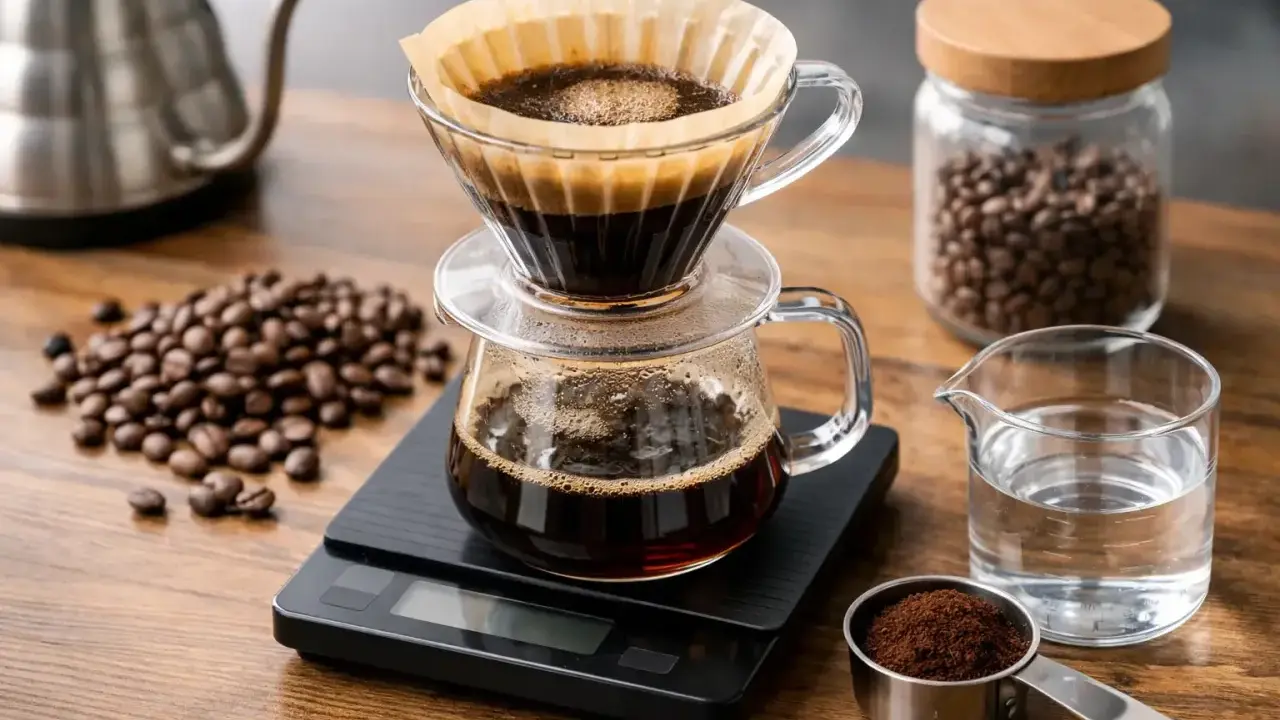 Ein detailliertes Kaffee-Rezept: Kaffeebohnen, gemahlener Kaffee, Wasser und ein Filter-Kaffeebereiter auf einer Waage.