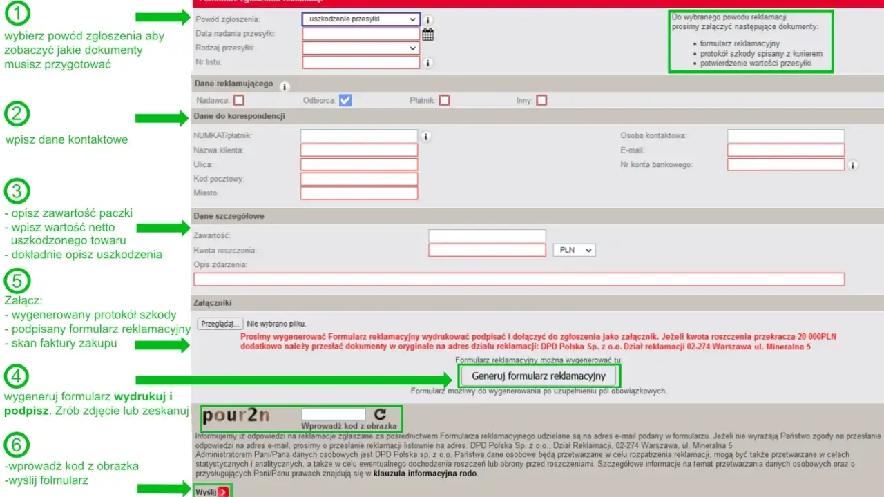 Formularz zgłoszenia reklamacji DPD. Opis problemu z paczką, dane kontaktowe i szczegóły szkody.