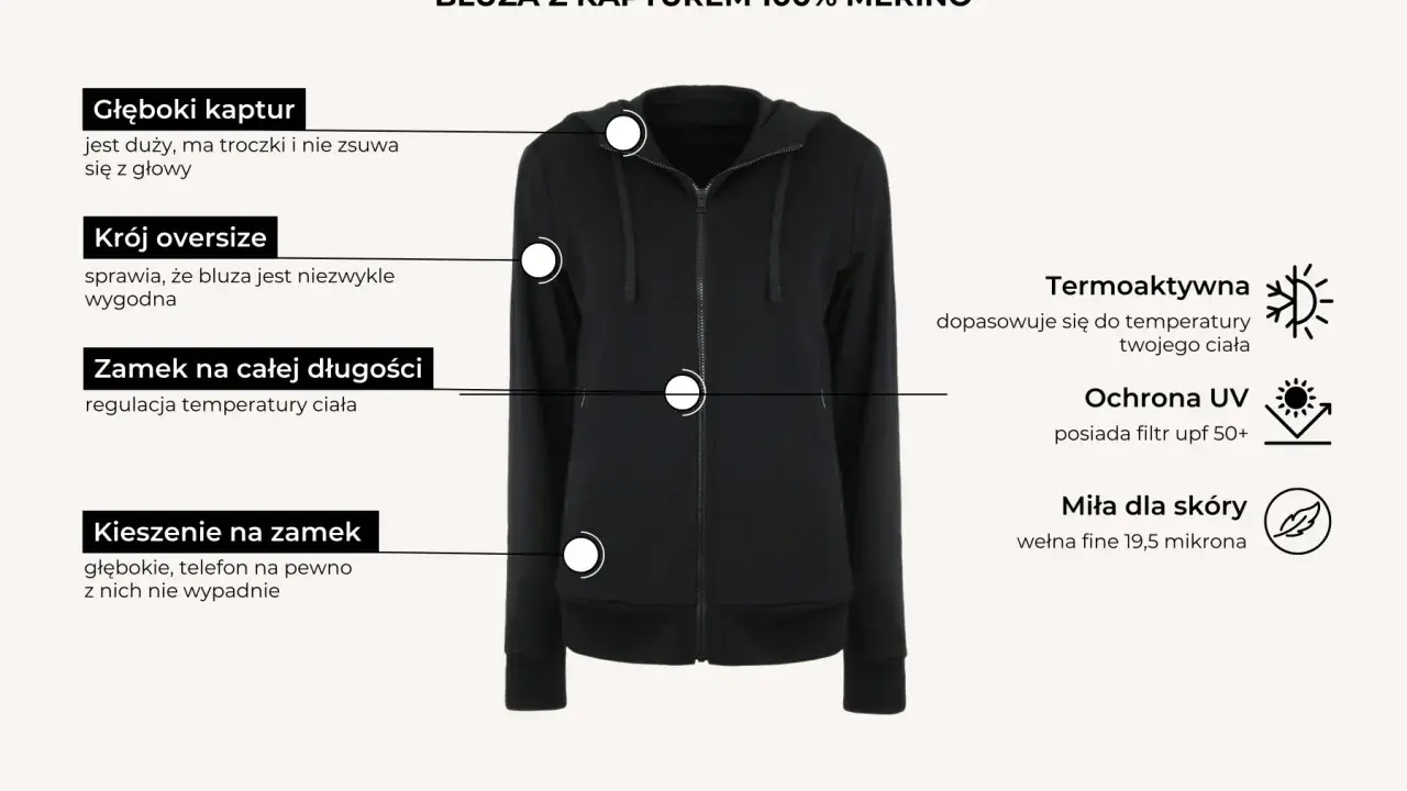Czarna bluza z kapturem husky, oversize, z zamkiem na całej długości i głębokimi kieszeniami. Idealna na chłodne dni.