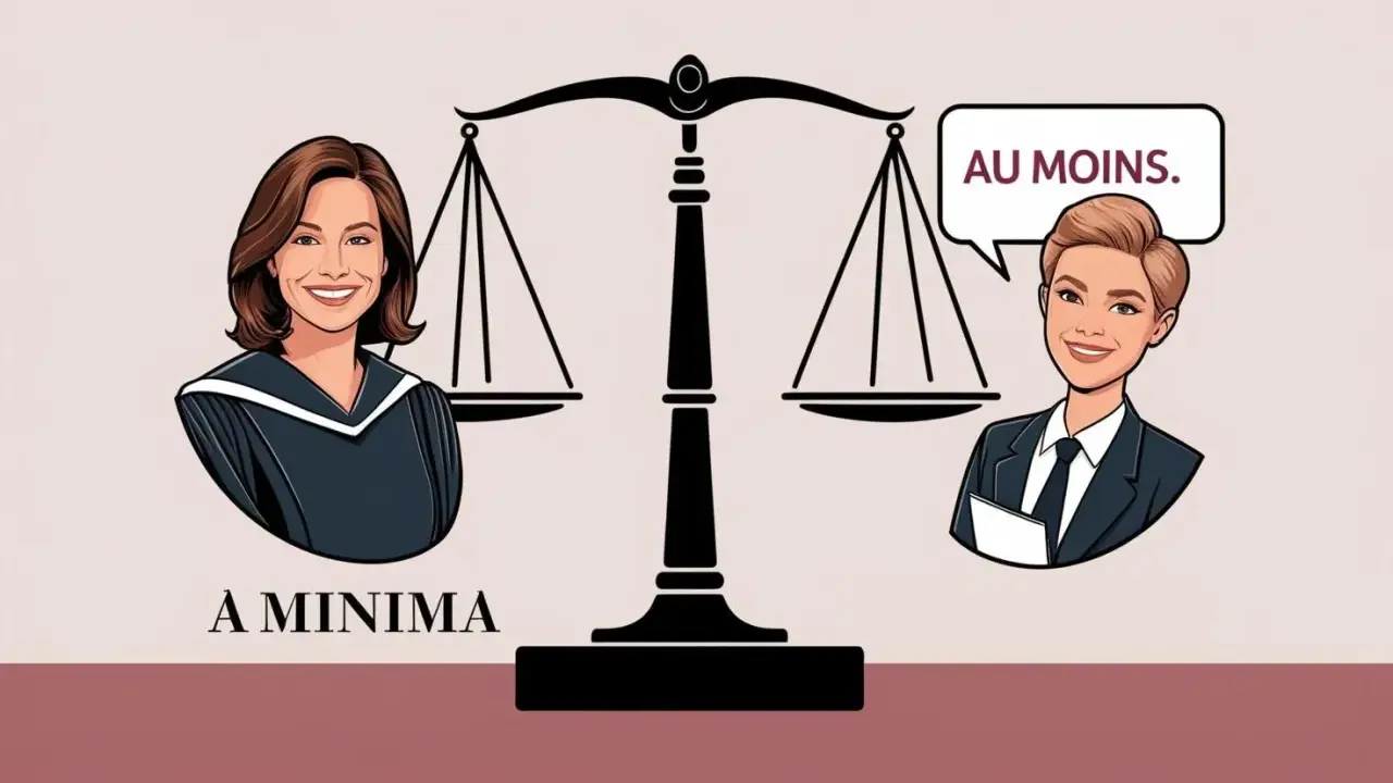 Une balance de justice sépare deux avocates. L'une, en robe, dit "À minima", l'autre, en costume, répond "AU MOINS.".