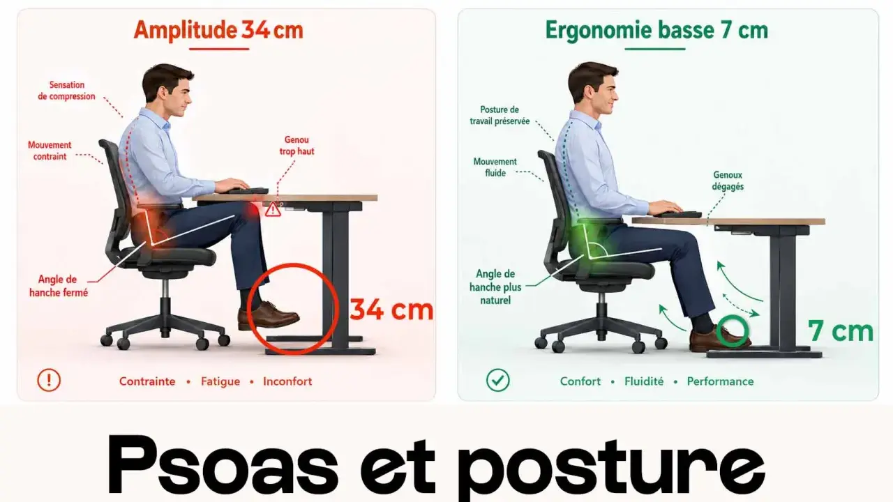 Comparaison de deux postures assises : une avec amplitude 34 cm (contrainte, fatigue) et une ergonomique à 7 cm (confort, fluidité). La signification des postures assises est claire.