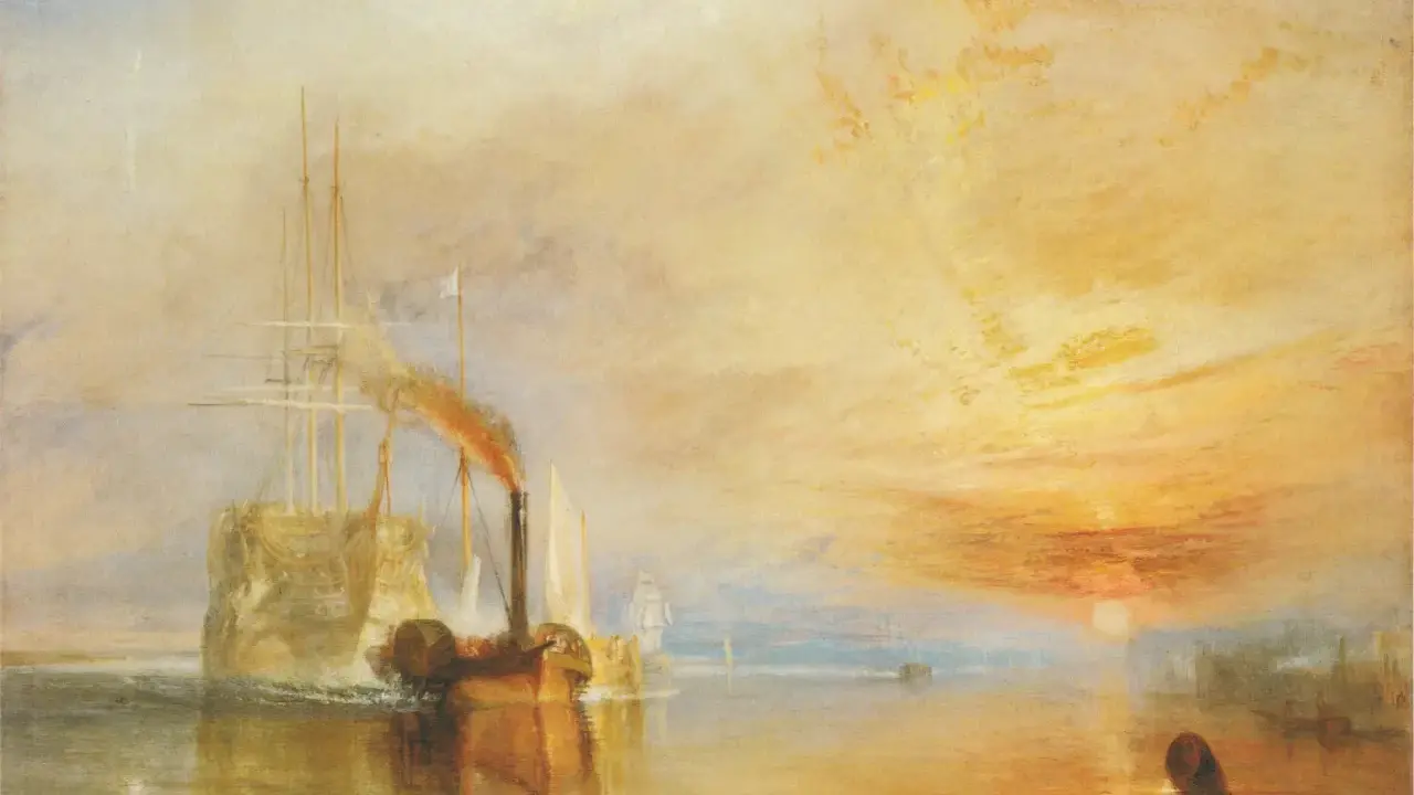 Dampfschiff zieht an Segelschiff vorbei im Sonnenuntergang, ein Meisterwerk bekannter Landschaftsmaler.