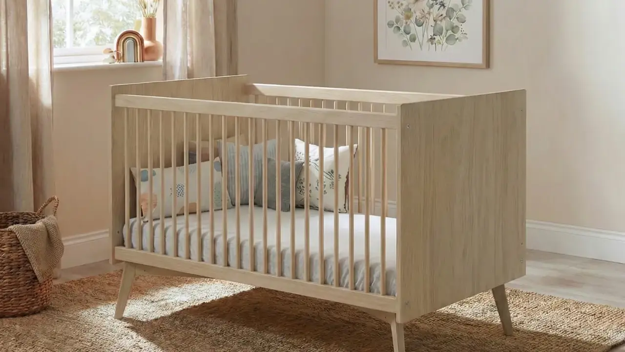 Cuna de madera clara con barrotes, colchón y cojines decorativos. Las medidas cuna son ideales para un cuarto infantil acogedor.