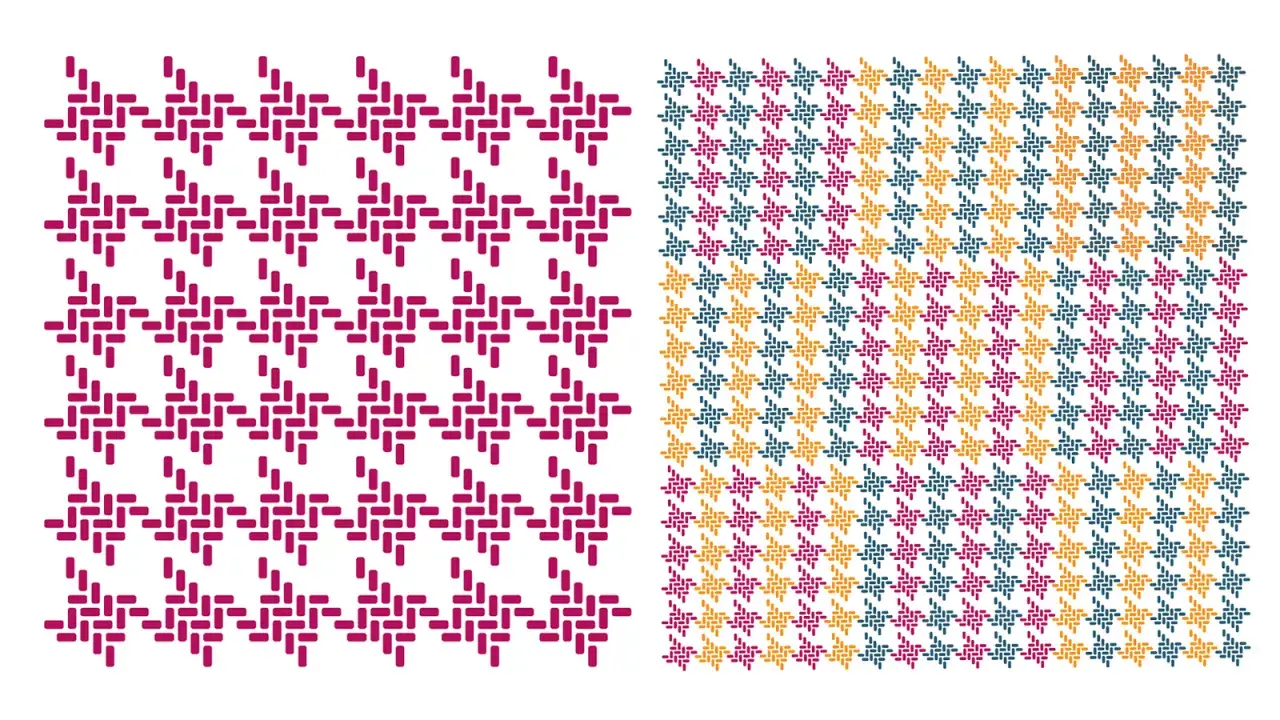 Two patterns: a single color check pattern in magenta on the left, and a multi-color check pattern in magenta, teal, and gold on the right.