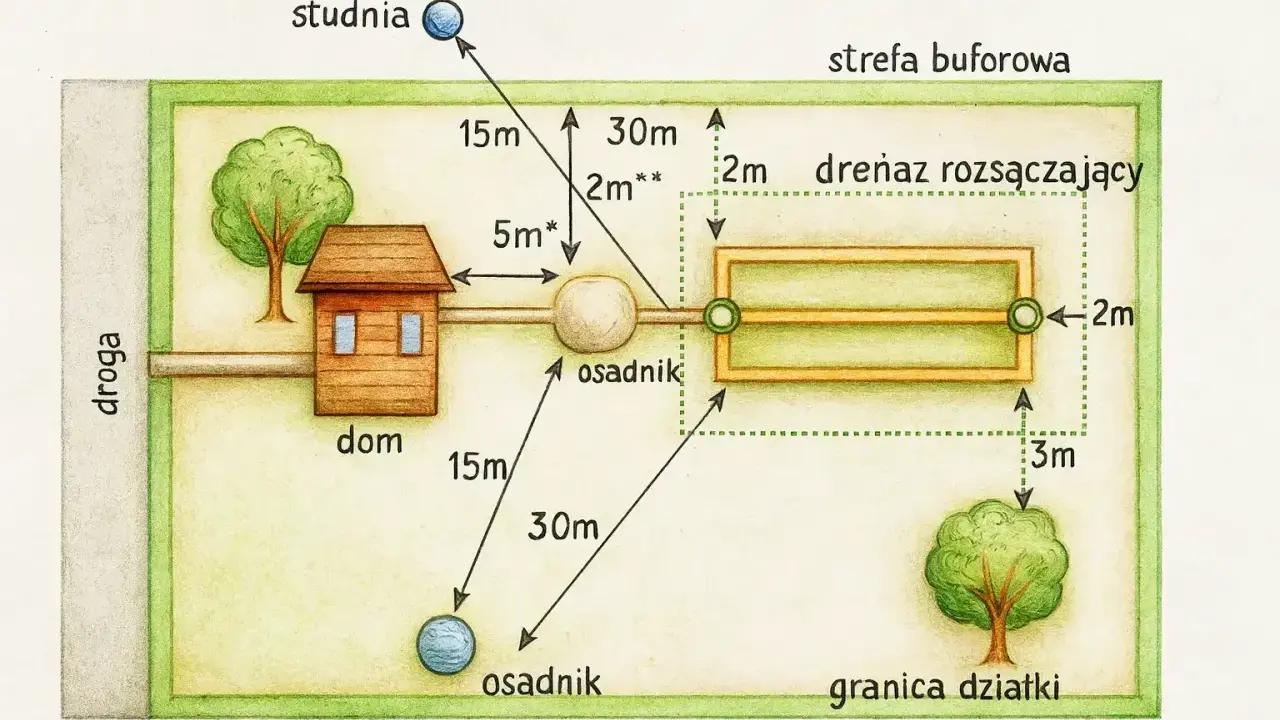 Schemat pokazuje warunki budowy oczyszczalni przydomowej: dom, osadnik, drenaż rozsączający, studnia i drzewa z wymiarami odległości.
