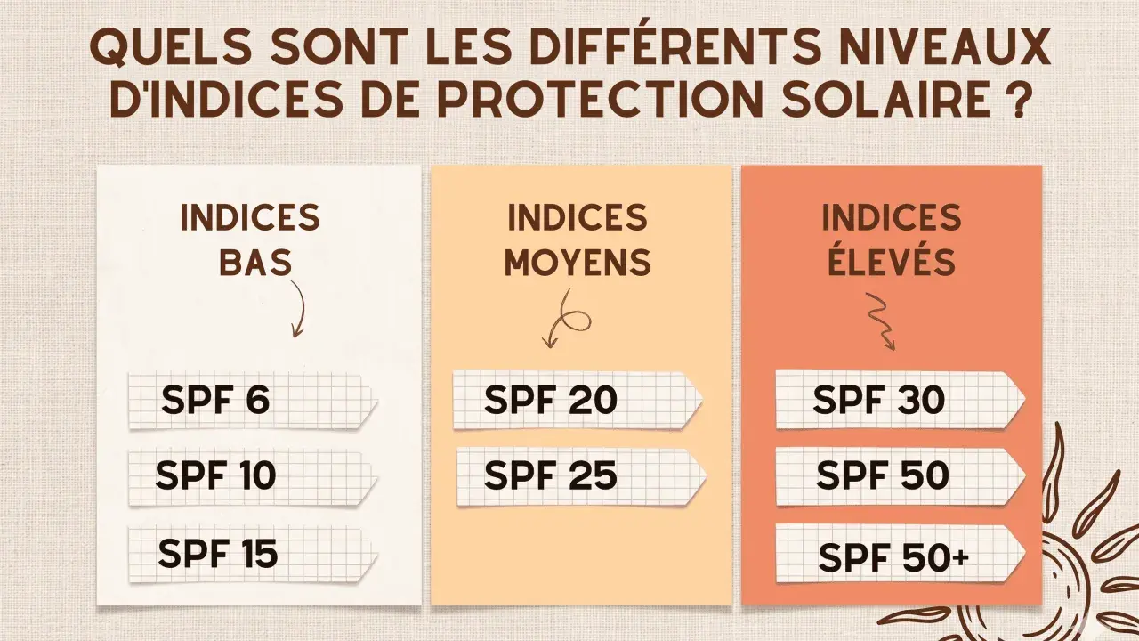Tableau comparatif des indices de protection solaire : bas (SPF 6-15), moyens (SPF 20-25) et élevés (SPF 30-50+). Un indice UV pour bronzer en toute sécurité.