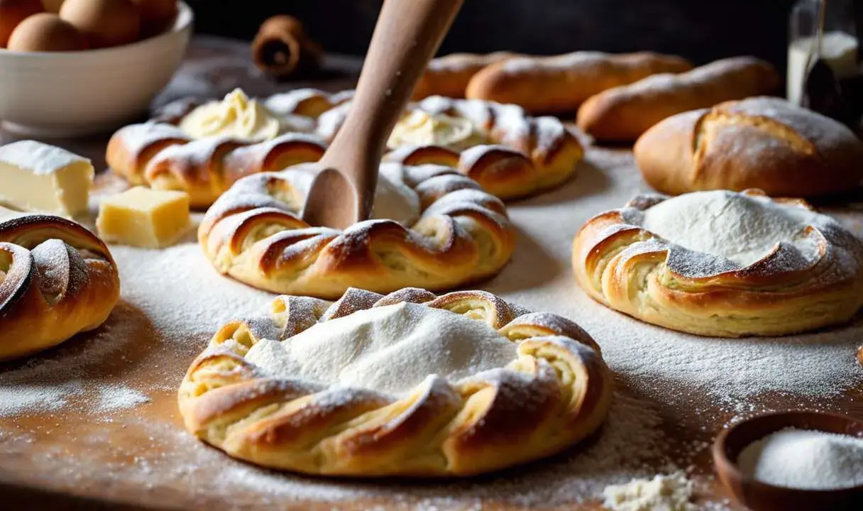 Pâte à croissant dorée, saupoudrée de sucre glace, prête à être garnie. Des ingrédients frais sur la table.