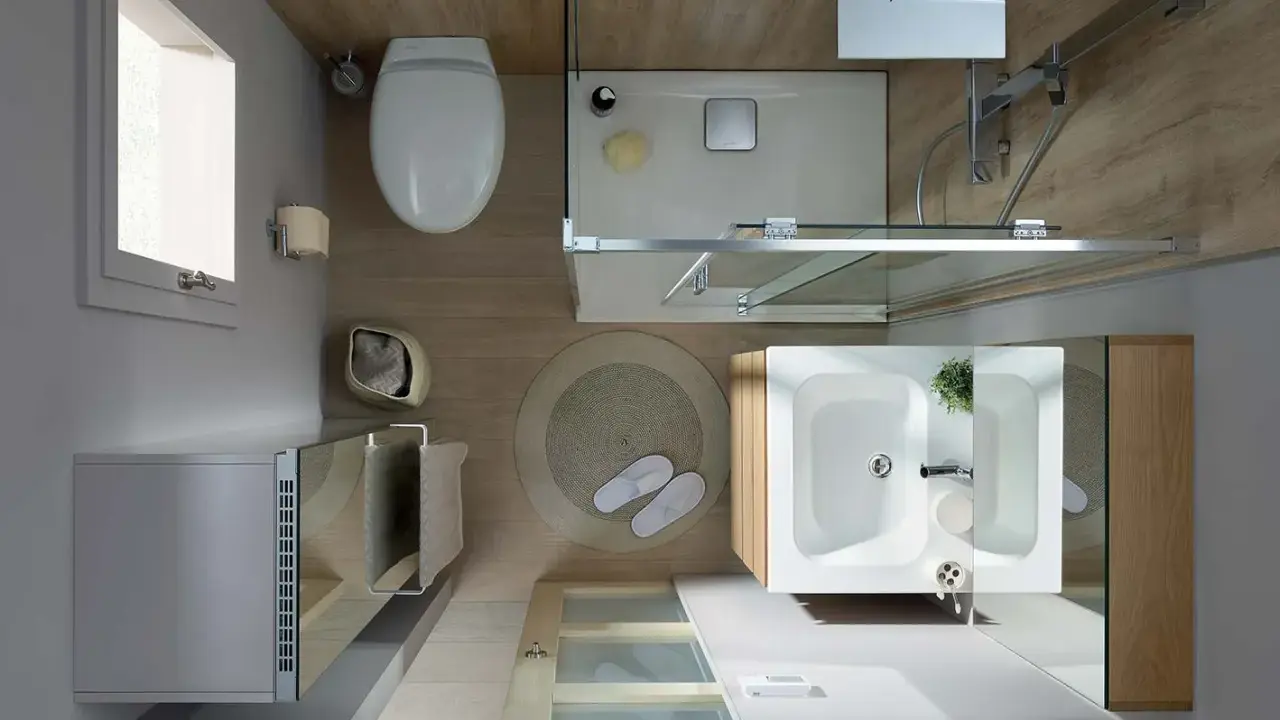 Aménagement petite salle de bain : vue de dessus d'une douche, lavabo, WC et meuble de rangement.