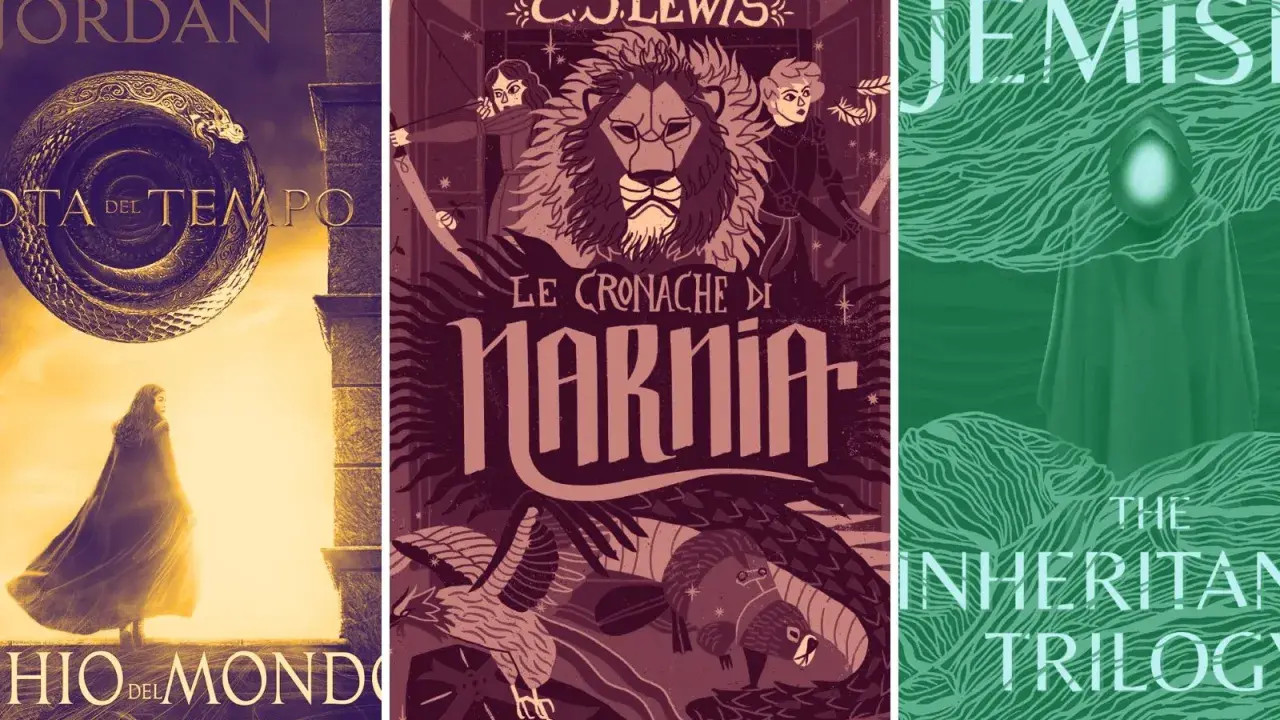 Copertine di libri fantasy: "La Ruota del Tempo", "Le Cronache di Narnia" e "The Inheritance Trilogy".