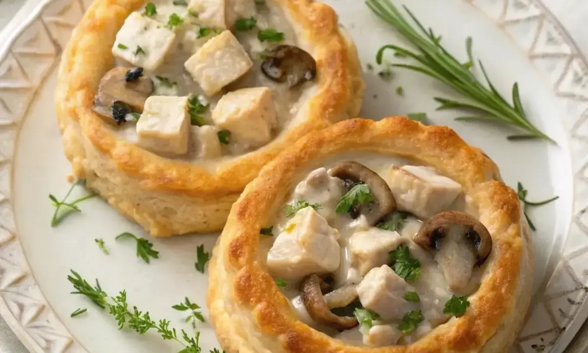 Deux vol-au-vent poulet crémeux, garnis de morceaux de poulet, de champignons et de persil frais, sur une assiette décorée.