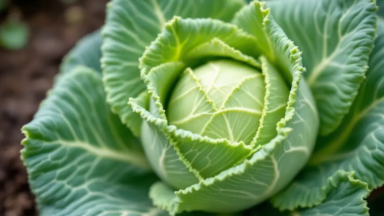 Gros plan sur un chou vert frais, ses feuilles ondulées révèlent une texture délicate, signe d'une croissance saine, loin du mildiou du chou.